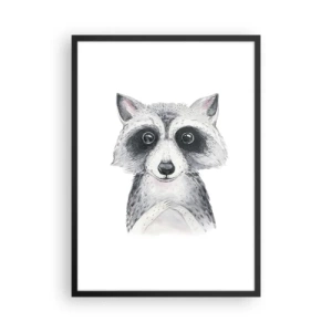 Affiche dans un cadre noir - Poster - Un raton laveur mignon représenté sur un fond blanc - 50x70cm - Un moment pour s'émouvoir - Décoration murale moderne pour le salon et la chambre ARTTOR