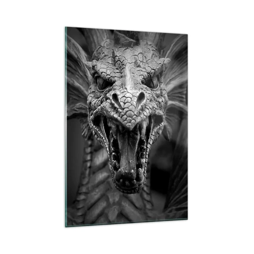 Impression sur verre - Image sur verre - Une tête de dragon menaçante en noir et blanc avec des détails expressifs. - 80x120cm - Un dragon imaginaire grisâtre - Décoration murale moderne pour le salon et la chambre ARTTOR