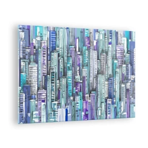 Impression sur verre - Image sur verre - Illustration d'une ville pleine de gratte-ciels aux teintes froides - 70x50cm - Bleuâtre avec le ciel - Décoration murale moderne pour le salon et la chambre ARTTOR
