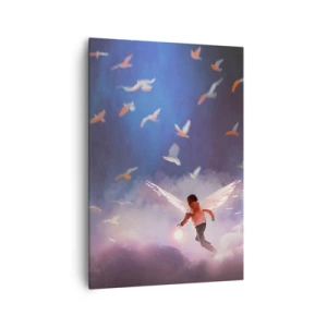 Impression sur toile - Image sur toile - Une figure avec des ailes d'ange flottant parmi les oiseaux dans le ciel - 70x100cm - Il faut de l'imagination et du courage - Décoration murale moderne pour le salon et la chambre ARTTOR