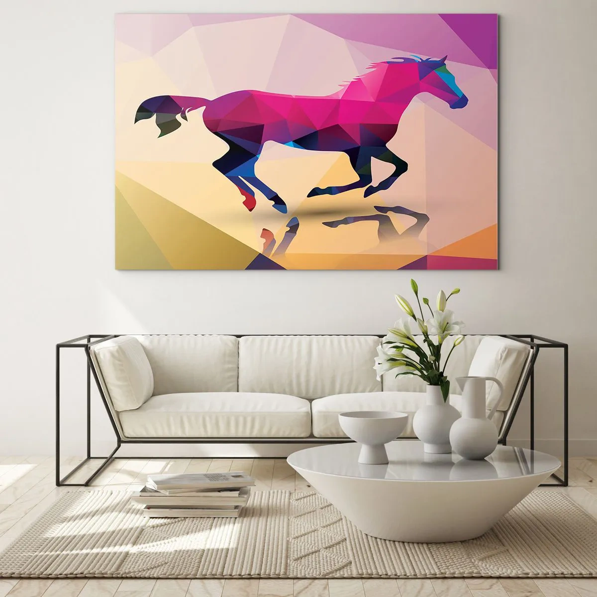 Impression sur verre - Image sur verre - Cheval géométrique dans une abstraction colorée - 70x50cm - Le cubisme toujours vivant - Décoration murale moderne pour le salon et la chambre ARTTOR