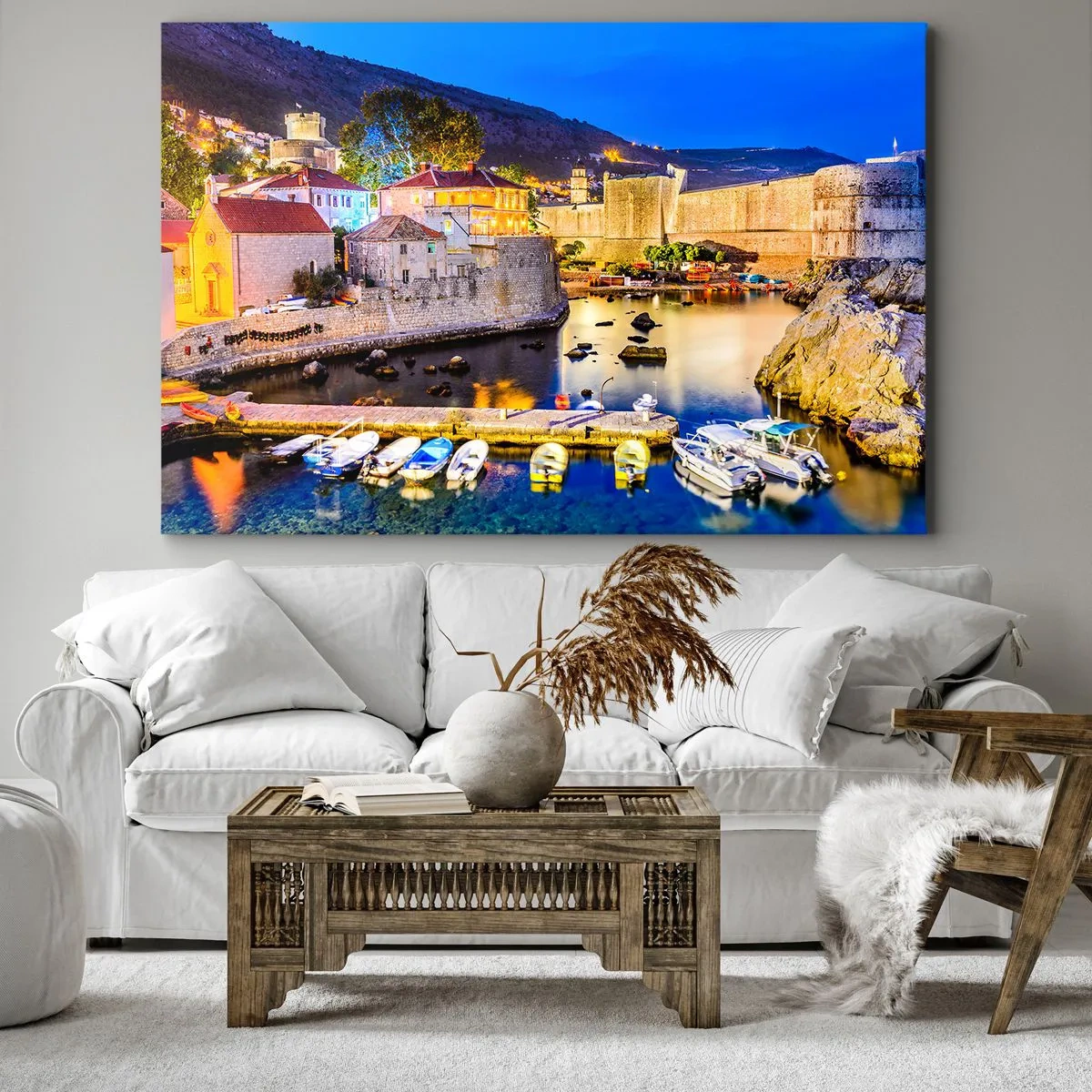 Impression sur toile - Image sur toile - Un port pittoresque la nuit avec des bâtiments illuminés - 120x80cm - Nuit illuminée sur l'Adriatique - Décoration murale moderne pour le salon et la chambre ARTTOR
