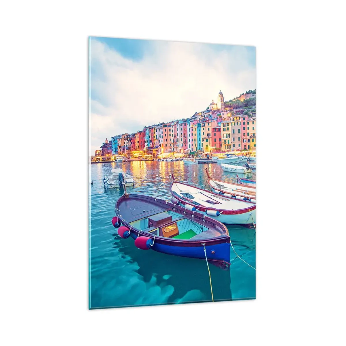 Impression sur verre - Image sur verre - Une ville portuaire colorée avec des bateaux dans le port - 80x120cm - Soirée colorée au port - Décoration murale moderne pour le salon et la chambre ARTTOR