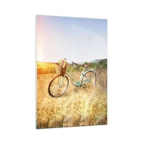 Impression sur verre - Image sur verre - Vélo rétro avec des fleurs sur fond naturel - 50x70cm - Je vais rester un petit moment - Décoration murale moderne pour le salon et la chambre ARTTOR