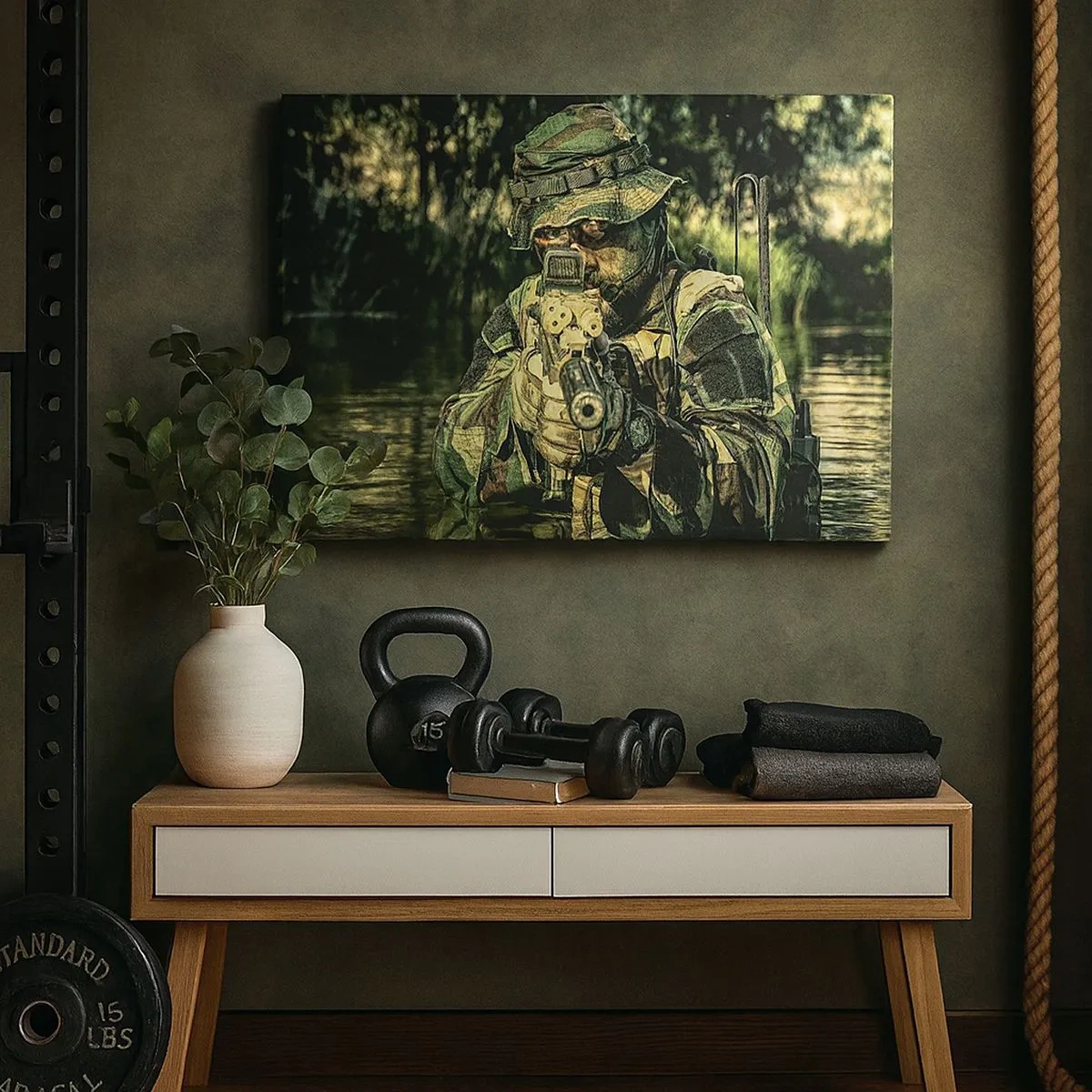 Impression sur toile - Image sur toile - Un soldat en tenue de camouflage vise à travers l'eau. - 70x50cm - Le meilleur des meilleurs - Décoration murale moderne pour le salon et la chambre ARTTOR