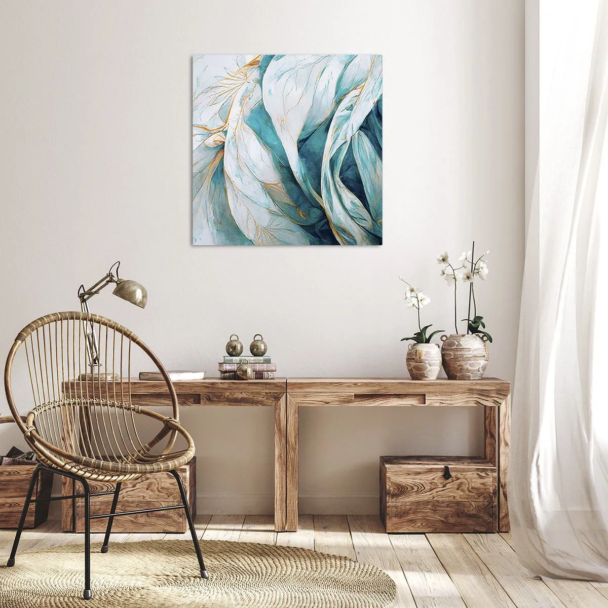 Impression sur toile - Image sur toile - Abstraction bleue avec un motif doré - 60x60 cm