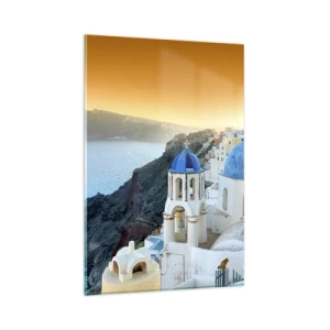 Impression sur verre - Image sur verre - Vue de Santorin avec des bâtiments blancs et une mer bleue - 80x120cm - Santorin - blotti contre les rochers - Décoration murale moderne pour le salon et la chambre ARTTOR