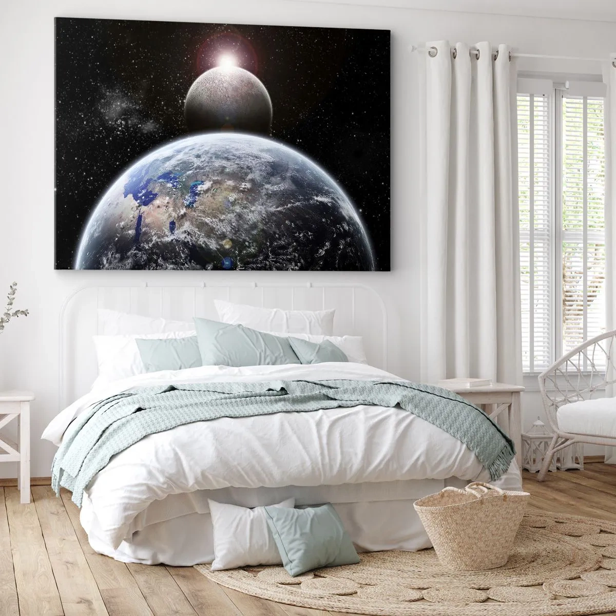 Impression sur toile - Image sur toile - La planète Terre et la Lune sur fond d'espace étoilé. - 70x50cm - Paysage cosmique - lever de soleil - Décoration murale moderne pour le salon et la chambre ARTTOR
