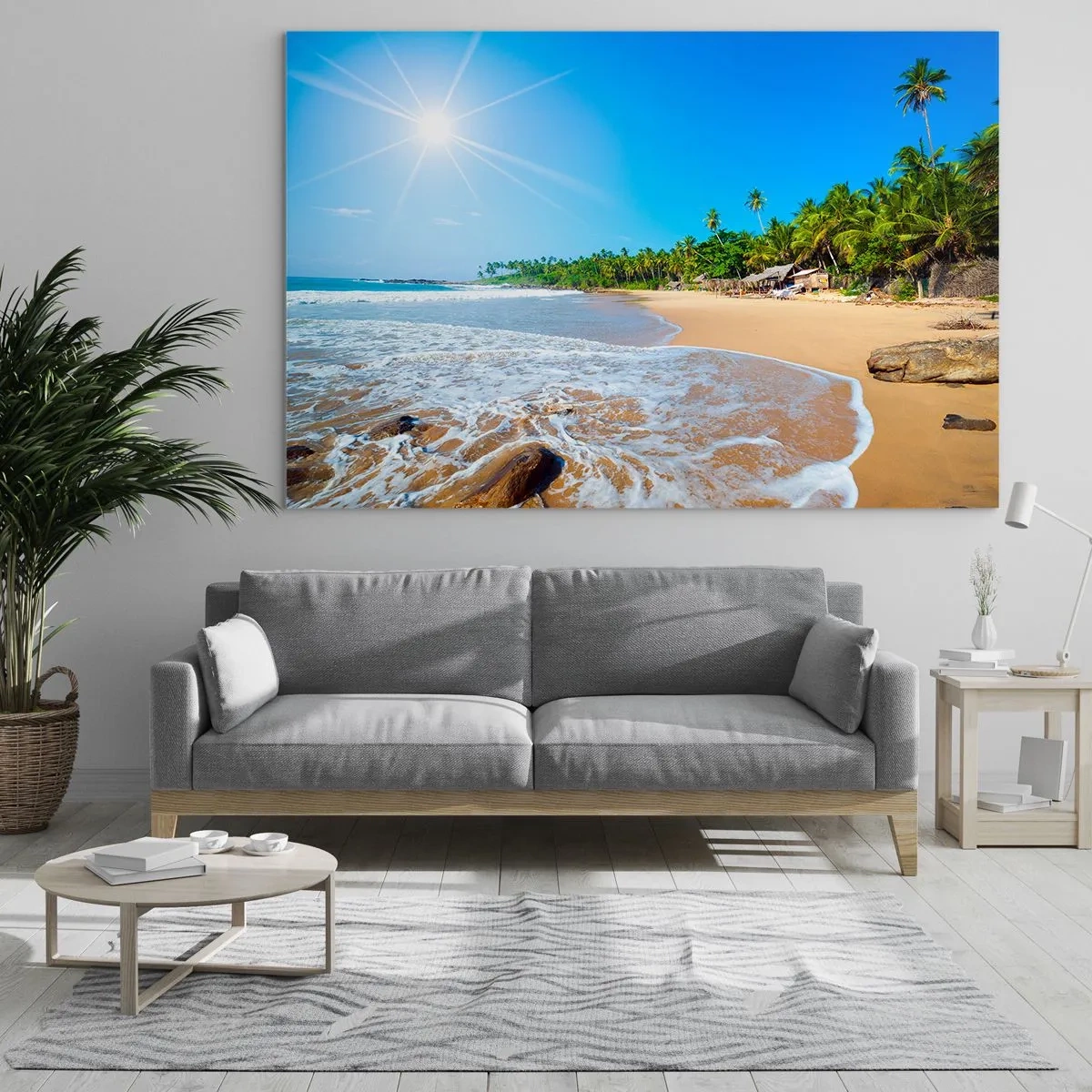 Impression sur verre - Image sur verre - Plage tropicale avec palmiers et vagues sous un ciel bleu - 120x80cm - Un endroit exotique pour vous - Décoration murale moderne pour le salon et la chambre ARTTOR