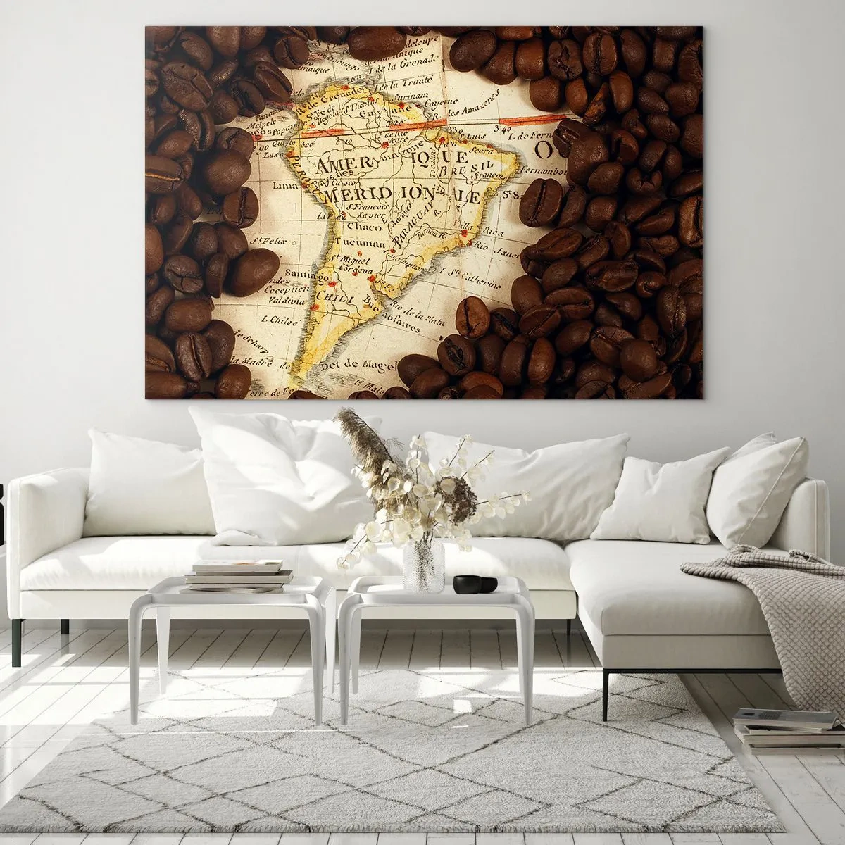 Impression sur verre - Image sur verre - Une carte de l'Amérique du Sud entourée de grains de café. - 70x50cm - D'où vient le meilleur café ? - Décoration murale moderne pour le salon et la chambre ARTTOR