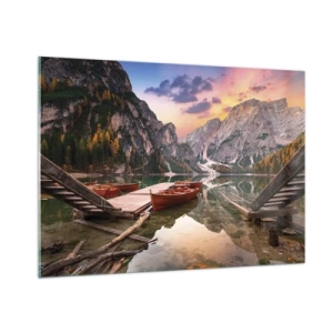 Impression sur verre - Image sur verre - Lac de montagne avec une jetée et des bateaux au lever du soleil - 100x70cm - Promesse du jour - Décoration murale moderne pour le salon et la chambre ARTTOR