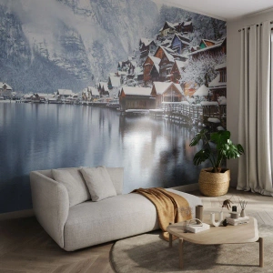 Papier Peint Photo Premium Canvas - Vue hivernale d'un village de montagne au bord du lac - 100x70cm - En décoration hivernale - Décoration murale moderne pour le salon et la chambre ARTTOR