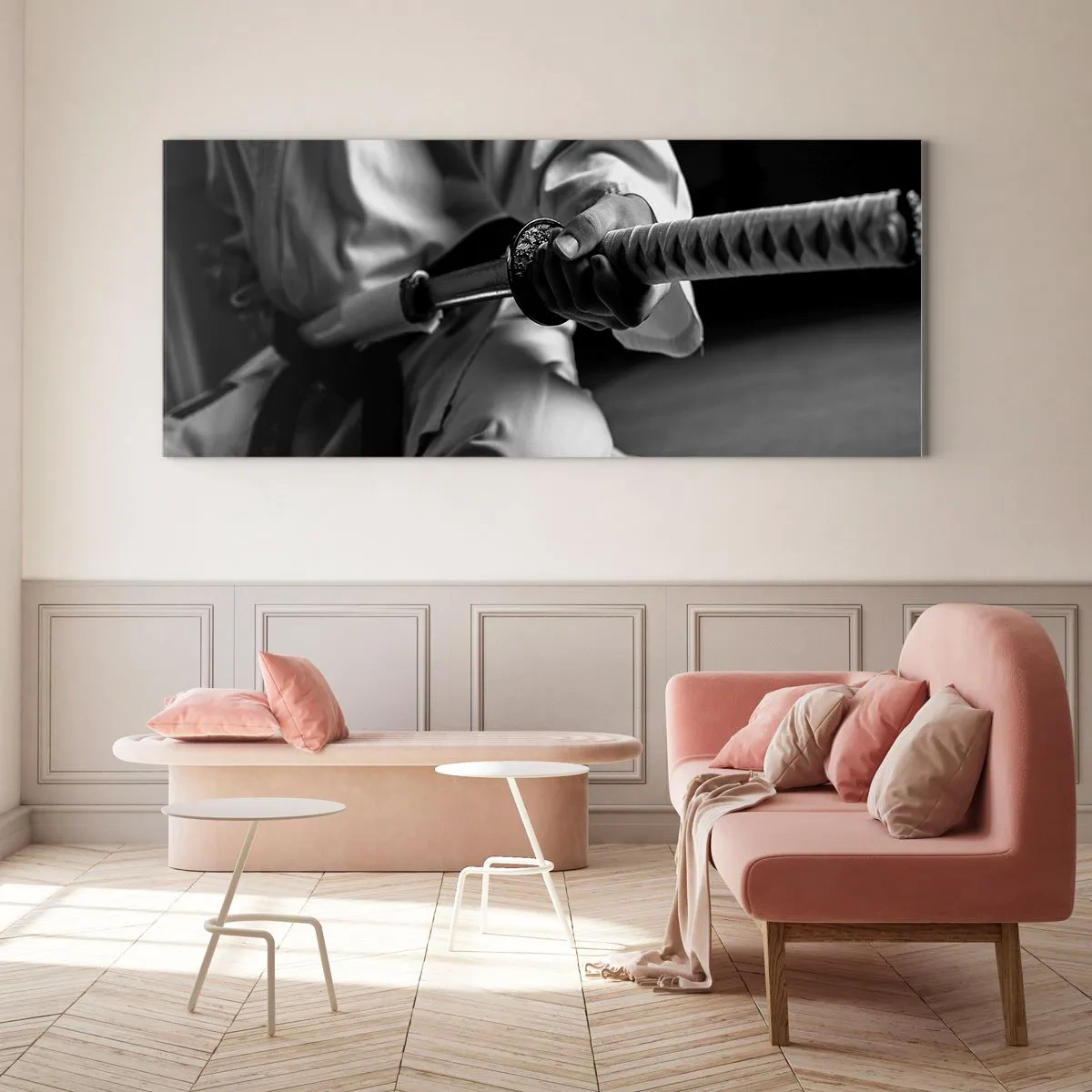 Impression sur verre - Image sur verre - Un samouraï en kimono tenant un katana en noir et blanc. - 140x50cm - Âme de guerrier - Décoration murale moderne pour le salon et la chambre ARTTOR