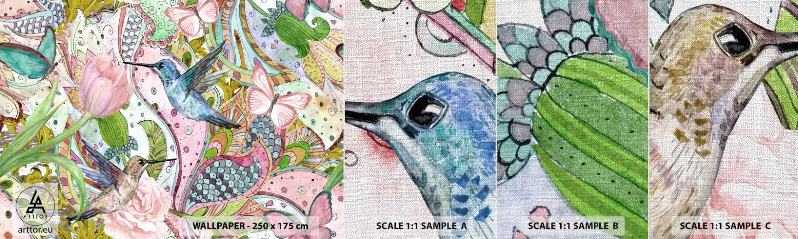 Échantillon de Papier Peint Premium Canvas - Empêtré dans les vignes - Fleurs, Oiseau, Papillon - 100x30 cm