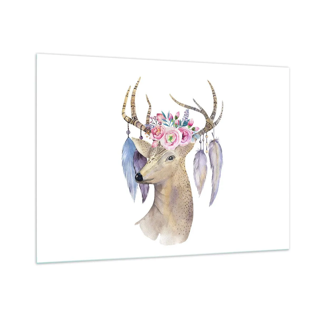 Impression sur verre - Image sur verre - Cerf avec une couronne de fleurs et des plumes - 100x70cm - Guide de l'âme - doux, innocent - Décoration murale moderne pour le salon et la chambre ARTTOR