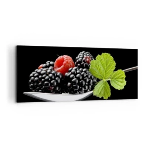 Impression sur toile - Image sur toile - Mûres et framboises sur une cuillère avec une feuille sur fond noir - 120x50cm - Le goût de la fraîcheur - Décoration murale moderne pour le salon et la chambre ARTTOR