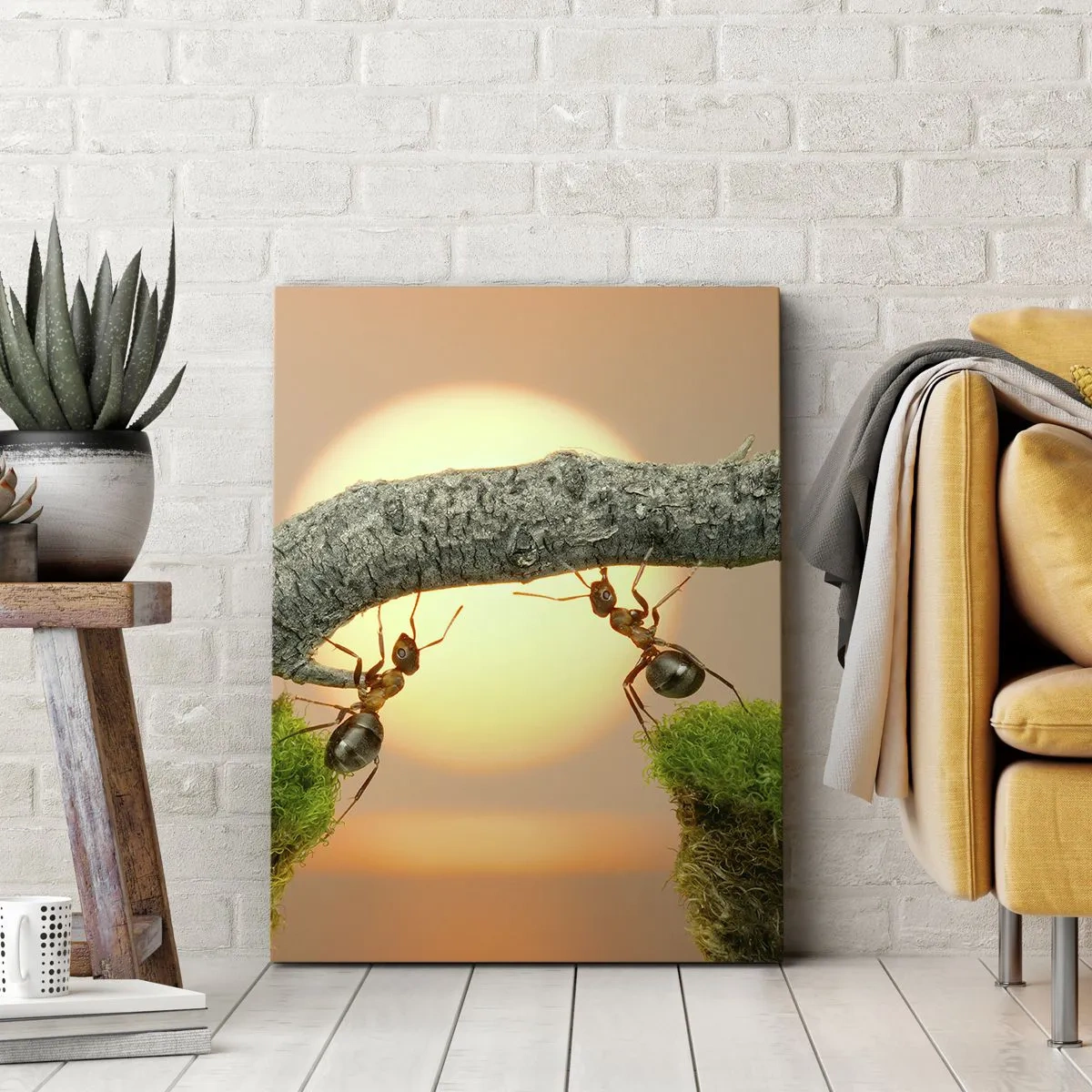 Impression sur toile - Image sur toile - Des fourmis construisent un pont de branches sur fond de soleil couchant. - 50x70cm - La joie, travaille d'équipe - Décoration murale moderne pour le salon et la chambre ARTTOR