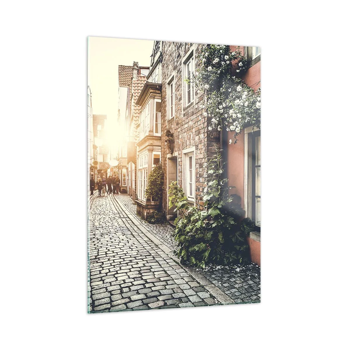 Impression sur verre - Image sur verre - Une charmante rue avec des immeubles illuminés par le coucher du soleil - 50x70cm - Allée de roses en lueur rose - Décoration murale moderne pour le salon et la chambre ARTTOR
