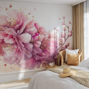 Papier Peint Photo Premium Sand - Fleurs de cerisier roses en pleine floraison sur fond blanc - 100x70cm - Fleur florissante de cerisier - Décoration murale moderne pour le salon et la chambre ARTTOR