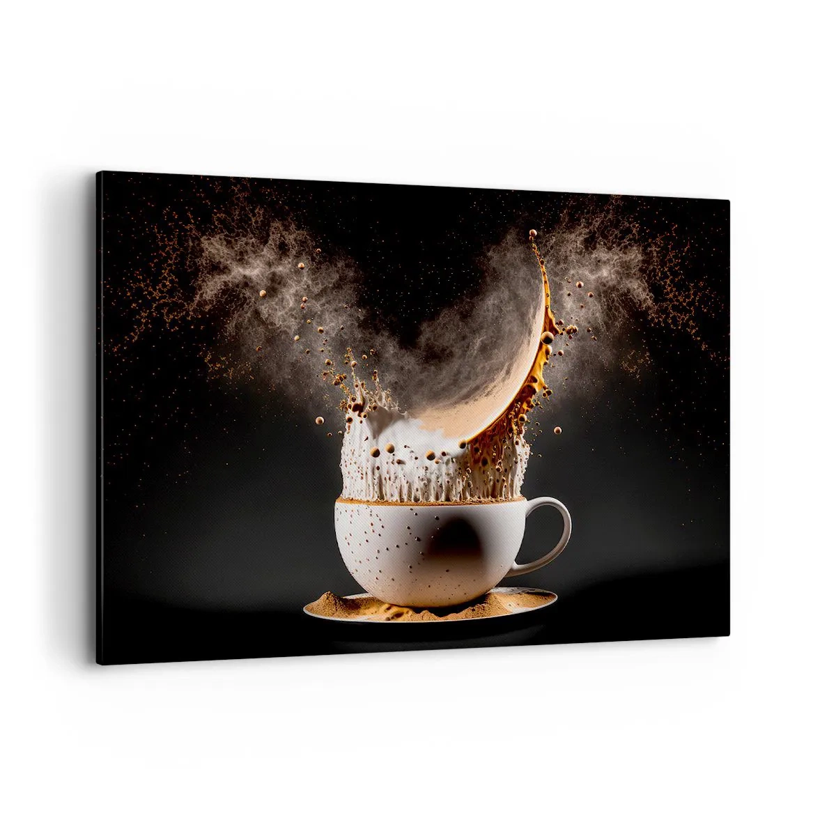 Impression sur toile - Image sur toile - Une tasse de café avec une explosion dynamique de liquide sur fond noir. - 100x70cm - Une explosion de saveur - Décoration murale moderne pour le salon et la chambre ARTTOR