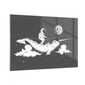 Impression sur verre - Image sur verre - Un astronaute chevauchant un narval dans un décor spatial - 100x70cm - Cavalier de l'espace - Décoration murale moderne pour le salon et la chambre ARTTOR