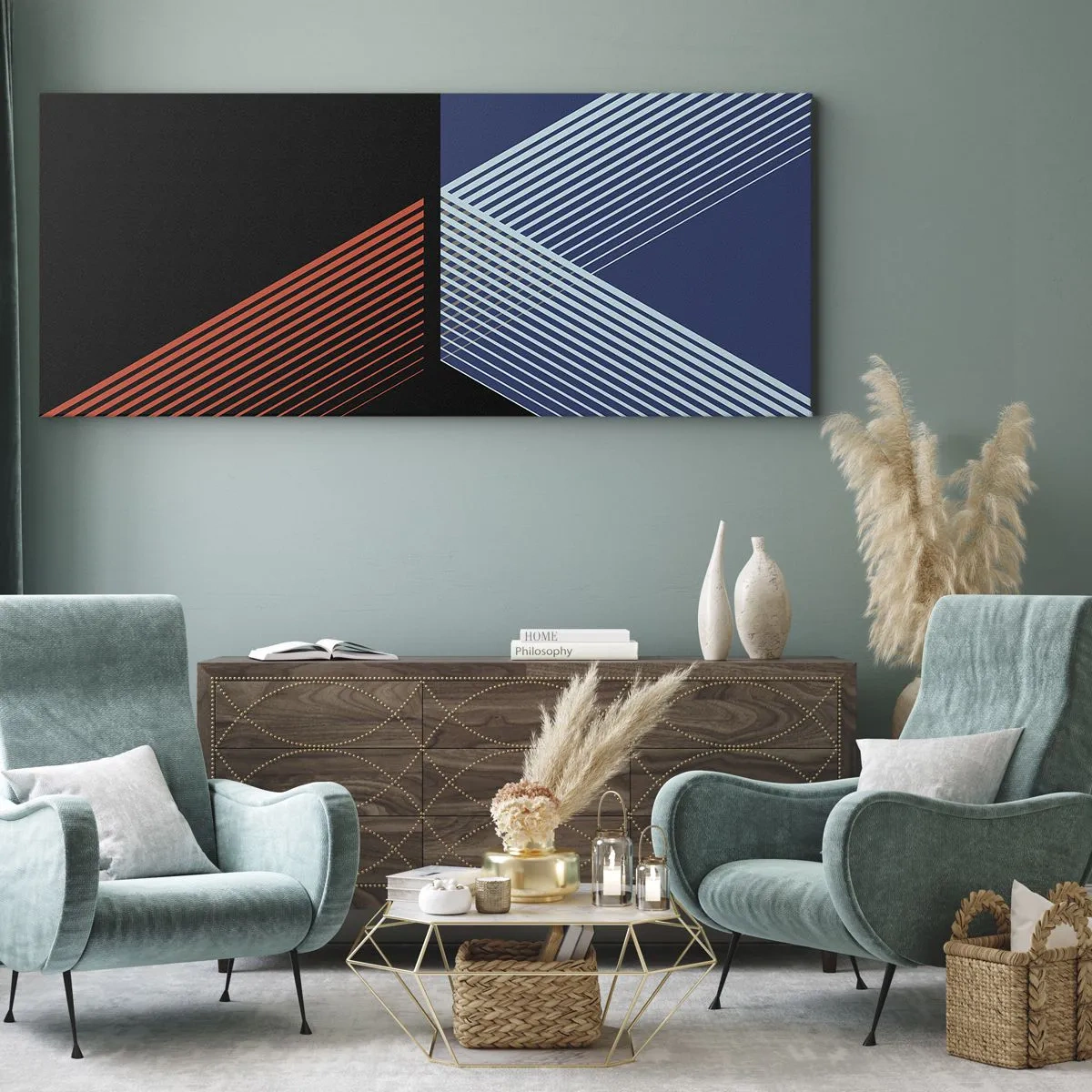 Impression sur toile - Image sur toile - Lignes géométriques dans les tons de rouge et de bleu - 160x50cm - Histoire simple - Décoration murale moderne pour le salon et la chambre ARTTOR