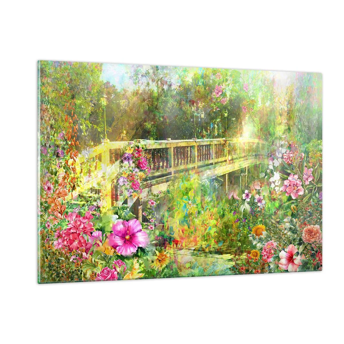 Impression sur verre - Image sur verre - Un pont entouré d'une végétation luxuriante et de fleurs colorées - 120x80cm - Le soupire d'un pont de printemps - Décoration murale moderne pour le salon et la chambre ARTTOR