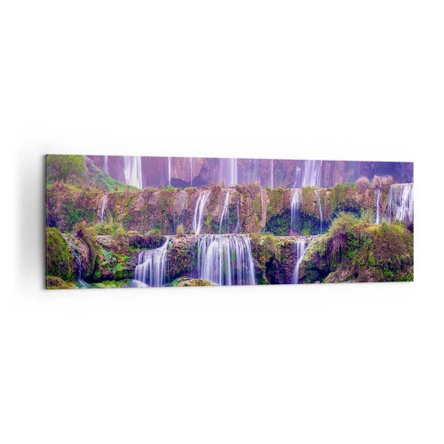 Impression sur toile - Image sur toile - Cascades entourées de verdure avec un éclairage pastel - 160x50cm - Escalier vers le ciel - Décoration murale moderne pour le salon et la chambre ARTTOR