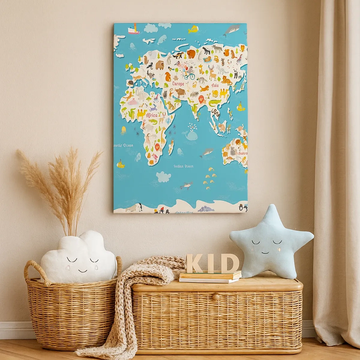 Impression sur toile - Image sur toile - Carte du monde colorée avec des illustrations d'animaux - 50x70cm - Nous aimons le monde entier - Décoration murale moderne pour le salon et la chambre ARTTOR