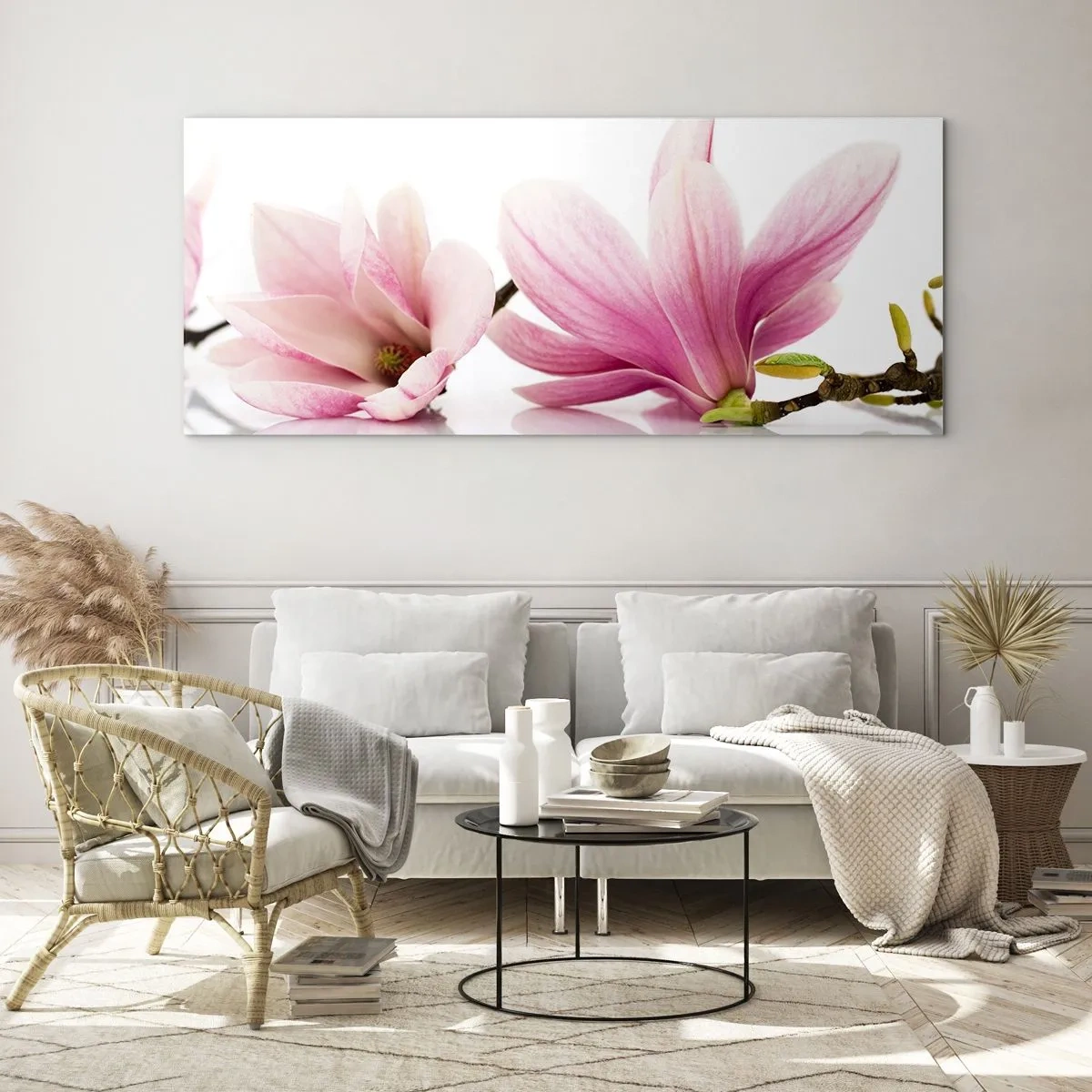 Impression sur verre - Image sur verre - Magnolias roses délicats sur fond blanc - 160x50cm - Délicat comme une brise de printemps - Décoration murale moderne pour le salon et la chambre ARTTOR