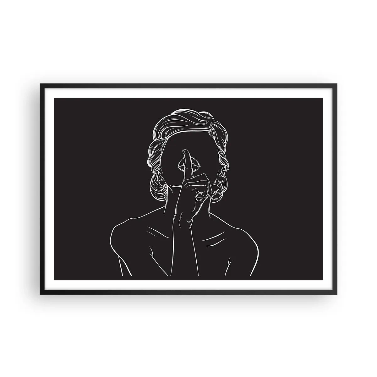 Affiche dans un cadre noir - Poster - Silhouette minimaliste d'une femme sur fond noir - 100x70cm - La beauté s'épanouit en silence - Décoration murale moderne pour le salon et la chambre ARTTOR