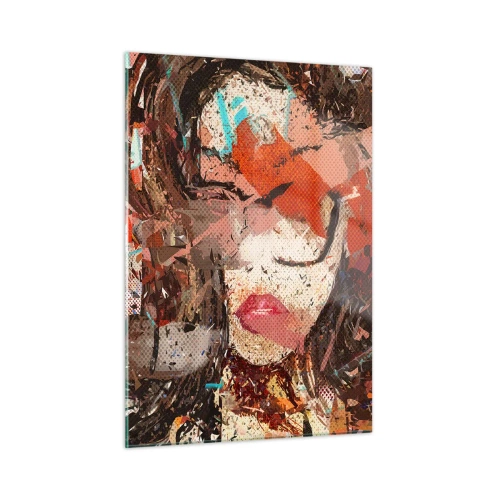 Impression sur verre - Image sur verre - Portrait abstrait d'une femme dans les tons de rouge et de beige - 50x70cm - Personne ne sait ce que tu es vraiment - Décoration murale moderne pour le salon et la chambre ARTTOR
