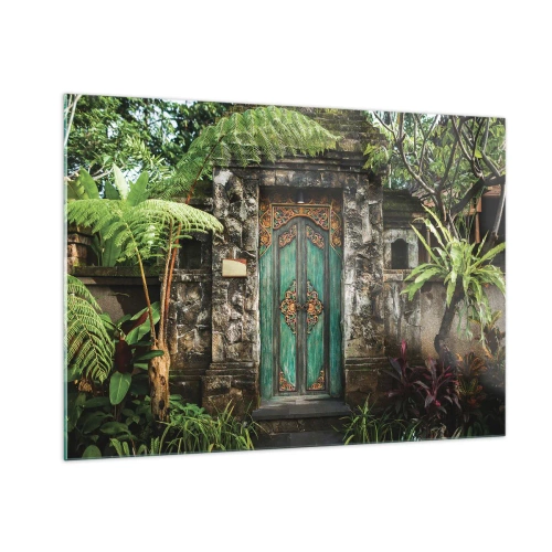 Impression sur verre - Image sur verre - Porte turquoise ornée dans un mur de pierre entouré de végétation tropicale - 100x70cm - Porte vers un monde exotique - Décoration murale moderne pour le salon et la chambre ARTTOR