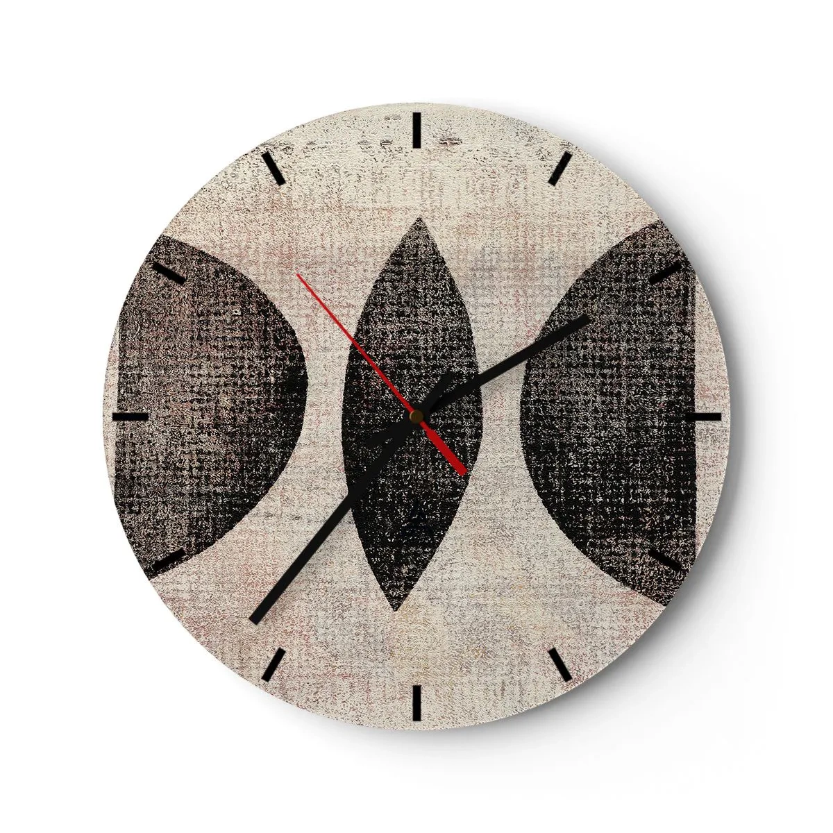 Horloge murale - Pendule murale - Formes géométriques noires sur fond beige avec une texture en lin. - 30x30cm - Abstraction ethnique - Décoration murale moderne pour le salon, la cuisine et la chambre ARTTOR