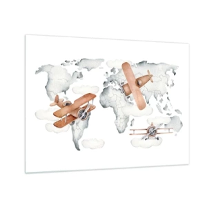 Impression sur verre - Image sur verre - Carte du monde des avions rétro pour les enfants - 70x50cm - Dans un esprit pionnier - Décoration murale moderne pour le salon et la chambre ARTTOR