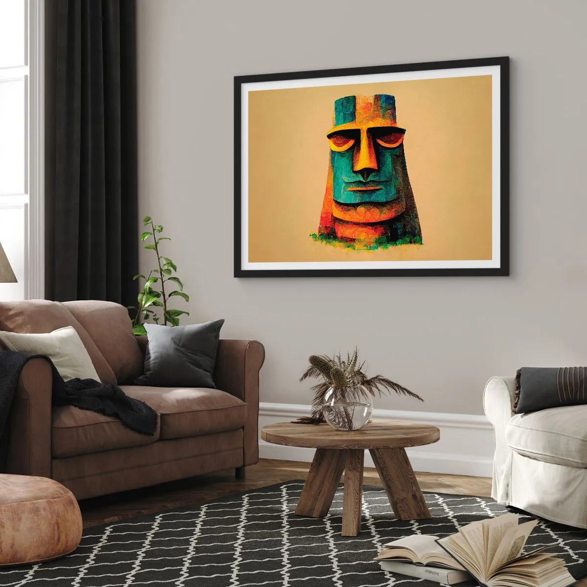 Affiche dans un cadre noir - Poster - Statue colorée de l'île de Pâques - 70x50cm - Statuesque et sympathique - Décoration murale moderne pour le salon et la chambre ARTTOR