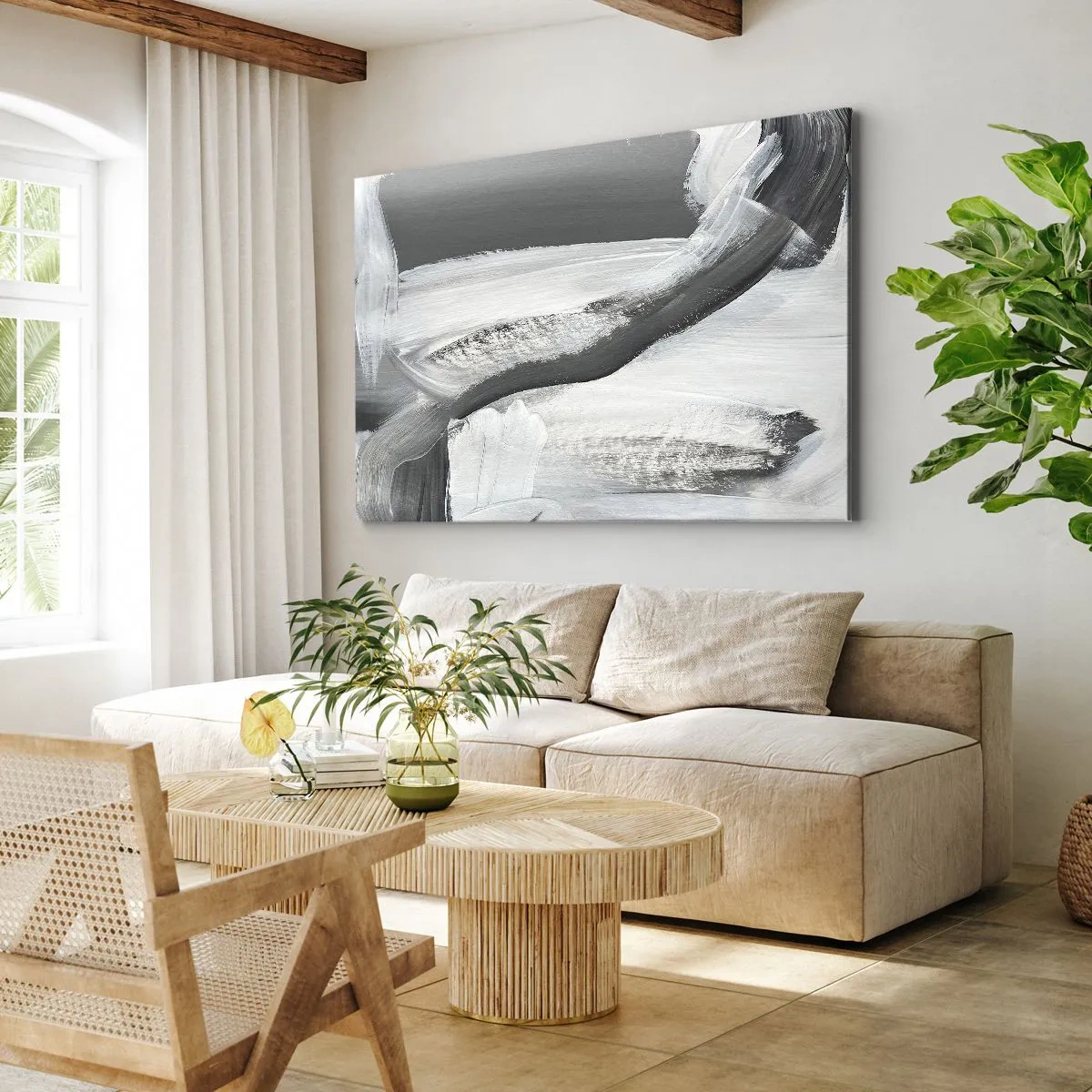 Impression sur toile - Image sur toile - Abstraction grise et blanche avec des lignes dynamiques - 100x70cm - Un geste décisif - Décoration murale moderne pour le salon et la chambre ARTTOR