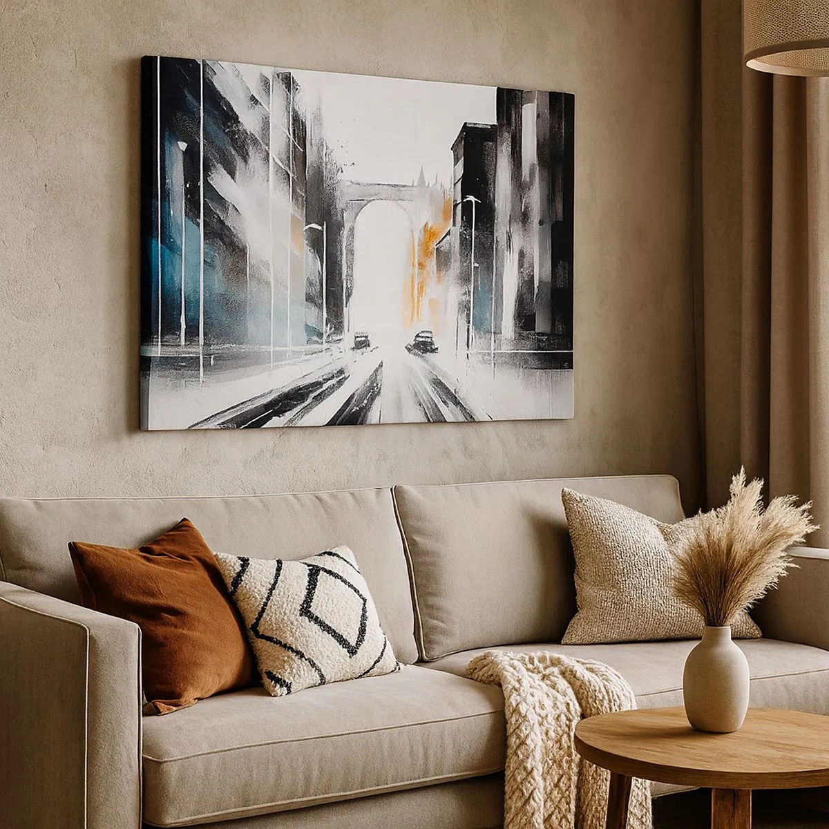 Impression sur toile - Image sur toile - Panorama abstrait de la ville avec un pont en arc - 70x50cm - Étude de ville : architecture et mouvement - Décoration murale moderne pour le salon et la chambre ARTTOR