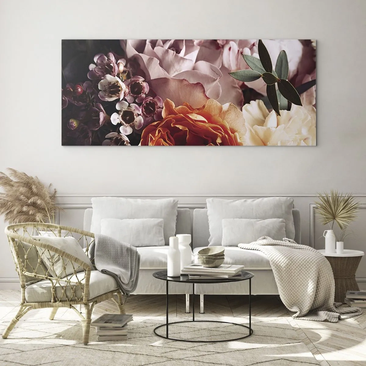 Impression sur verre - Image sur verre - Gros plan d'une composition florale colorée - 120x50cm - Enveloppé de beauté - Décoration murale moderne pour le salon et la chambre ARTTOR