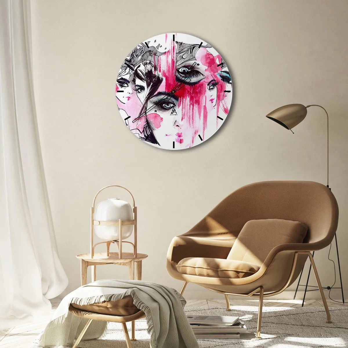 Horloge murale - Pendule murale - Portraits féminins abstraits en rose et noir - 30x30cm - Yeux abstraits - Décoration murale moderne pour le salon, la cuisine et la chambre ARTTOR