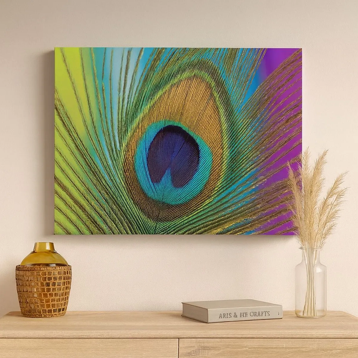 Impression sur toile - Image sur toile - Gros plan d'une plume de paon aux couleurs vives - 70x50cm - Les yeux dans les yeux - Décoration murale moderne pour le salon et la chambre ARTTOR