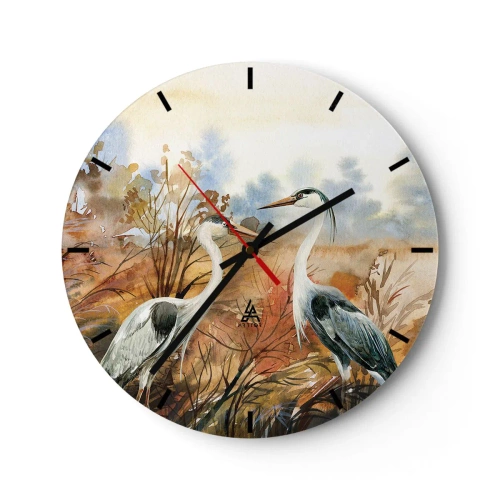 Horloge murale - Pendule murale - Deux grues dans un paysage d'automne à l'aquarelle - 30x30cm - Jusqu'où en automne ? - Décoration murale moderne pour le salon, la cuisine et la chambre ARTTOR