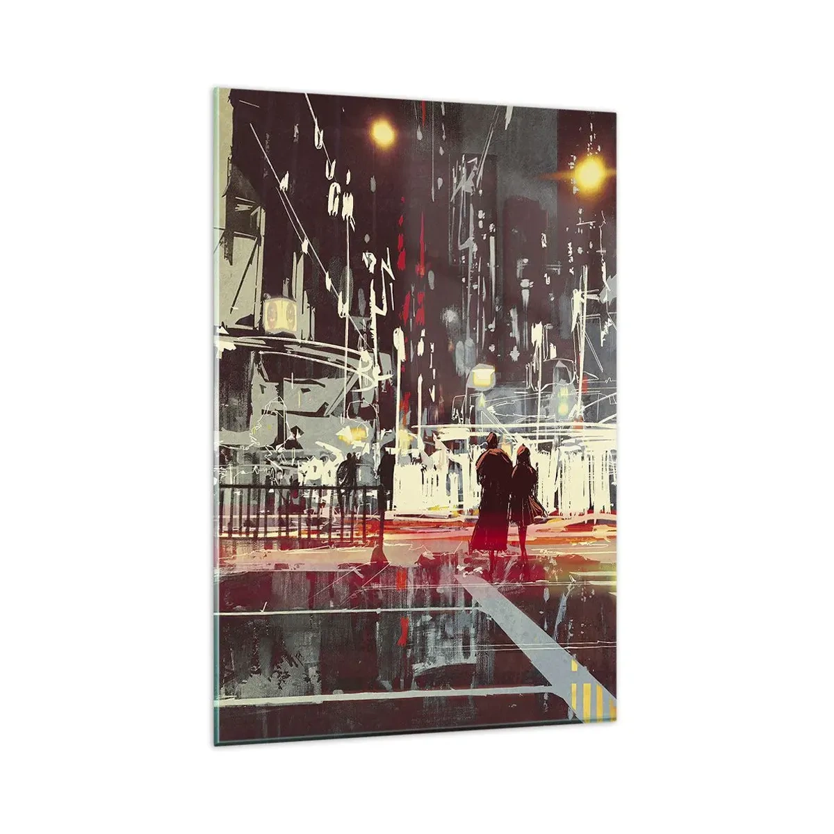 Impression sur verre - Image sur verre - Ville la nuit avec des néons et des silhouettes de personnes dans la rue - 80x120cm - Une grande traversée de ville - Décoration murale moderne pour le salon et la chambre ARTTOR