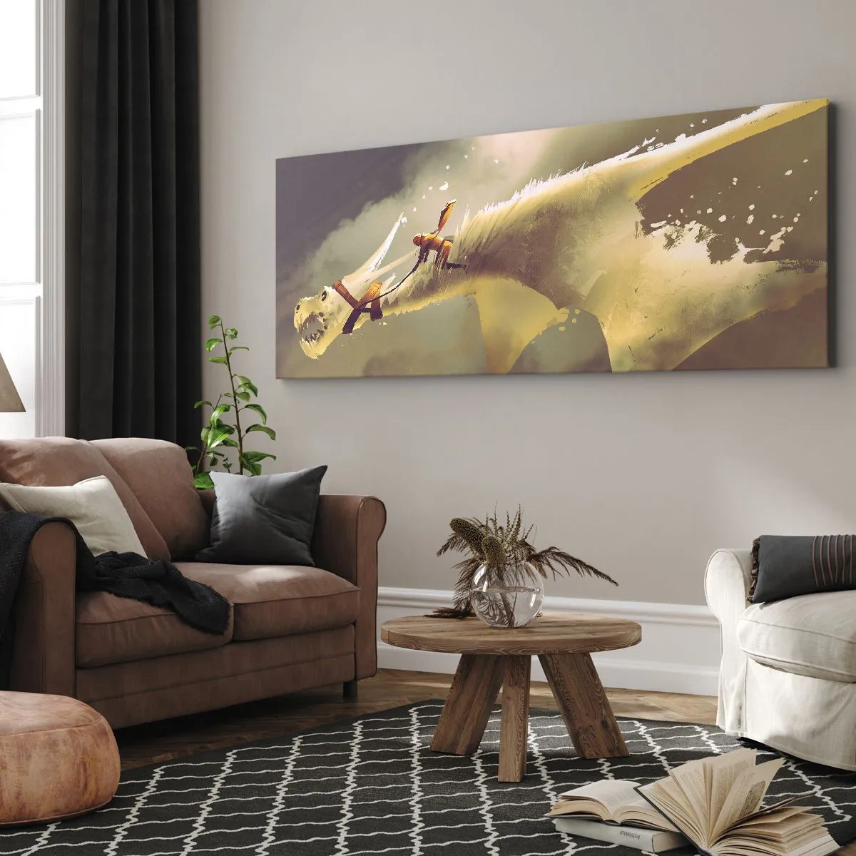 Impression sur toile - Image sur toile - Illustration d'un cavalier de dragon dans un paysage nuageux fantastique - 160x50cm - Le monde à la rescousse - Décoration murale moderne pour le salon et la chambre ARTTOR