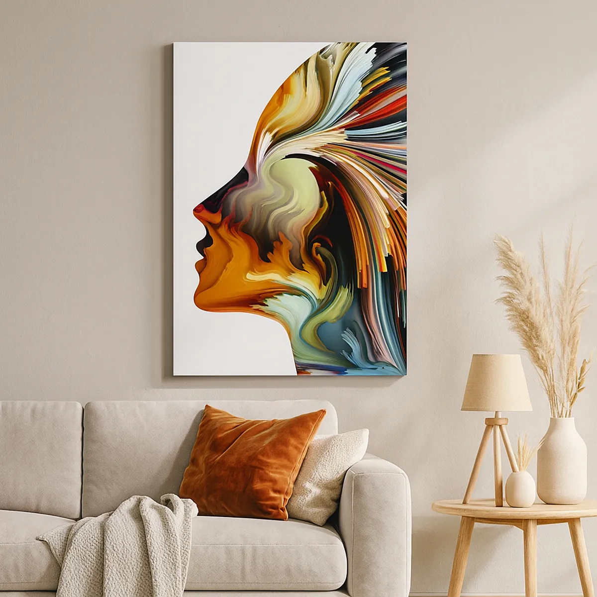 Impression sur toile - Image sur toile - Profil de visage abstrait avec des lignes dynamiques colorées. - 50x70cm - Une explosion d'imaginaire - Décoration murale moderne pour le salon et la chambre ARTTOR