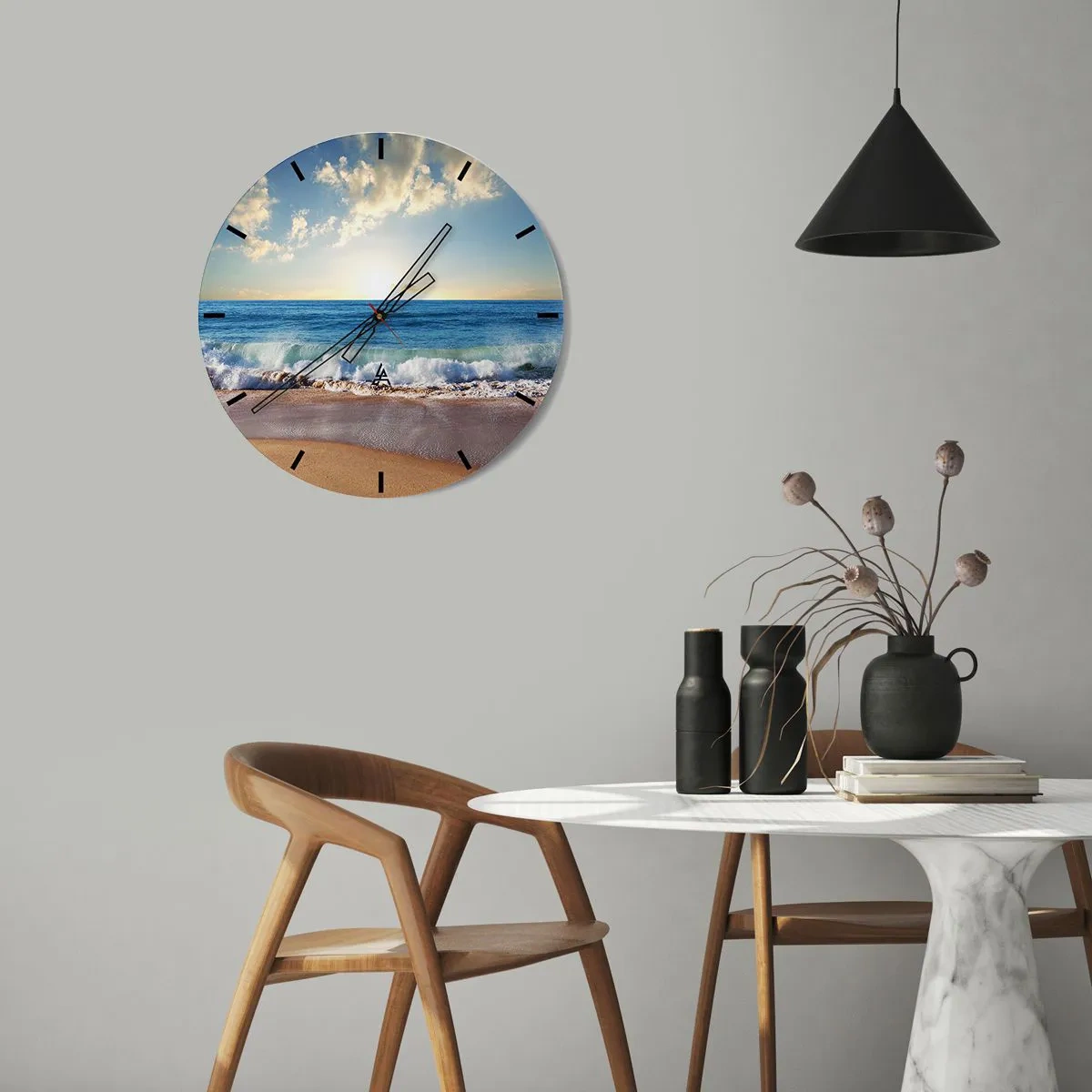 Horloge murale - Pendule murale - Plage le matin avec vagues et ciel ensoleillé - 30x30cm - Mouvement et immobilité à la fois - Décoration murale moderne pour le salon, la cuisine et la chambre ARTTOR