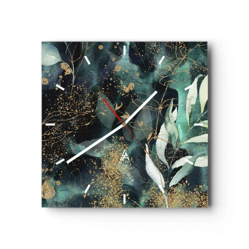 Horloge murale - Pendule murale - Feuilles élégantes sur un fond sombre avec des accents dorés - 30x30cm - Jardin magique - Décoration murale moderne pour le salon et la chambre ARTTOR