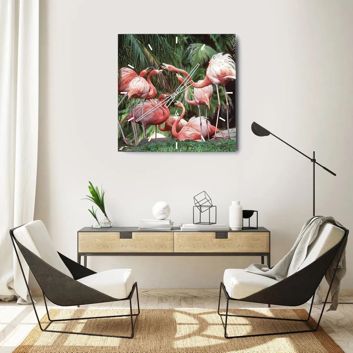 Horloge murale - Pendule murale - Un groupe de flamants roses dans un cadre tropical entouré de palmiers - 30x30cm - Potins d'après-midi - Décoration murale moderne pour le salon et la chambre ARTTOR