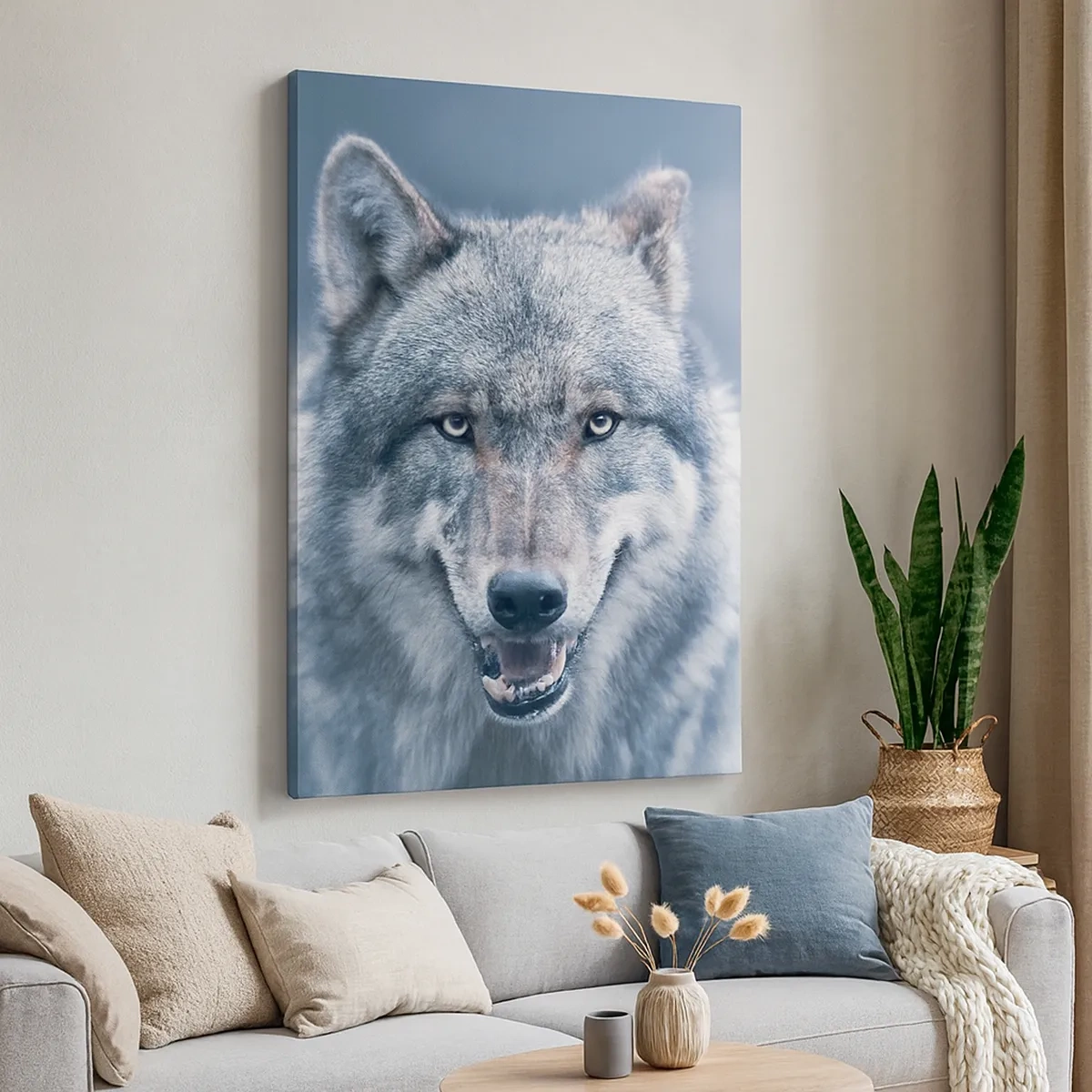 Impression sur toile - Image sur toile - Un loup au regard intense dans un paysage hivernal - 50x70cm - Relèverez-vous le défi ? - Décoration murale moderne pour le salon et la chambre ARTTOR