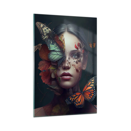 Impression sur verre - Image sur verre - Portrait d'une femme avec des papillons et des éléments végétaux - 80x120cm - Une merveilleuse métamorphose - Décoration murale moderne pour le salon et la chambre ARTTOR
